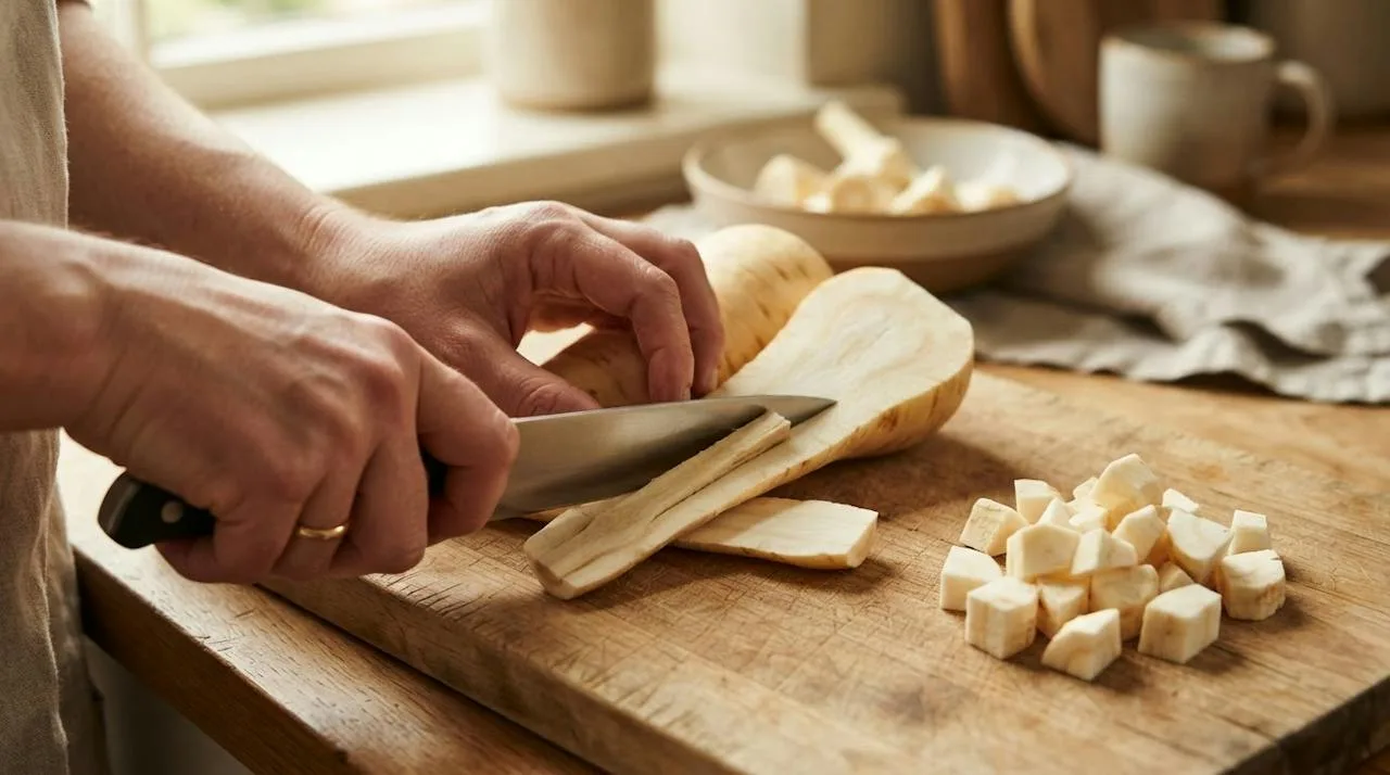 Handen snijden een geschilde pastinaak in de lengte door op een houten snijplank om de houtige kern te verwijderen, met een stapeltje blokjes ernaast