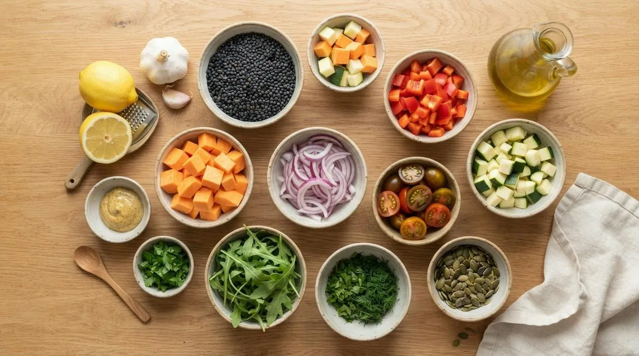 Ingrediënten voor beluga linzensalade in kommetjes: gedroogde belugalinzen, zoete aardappel, paprika, courgette, rode ui, cherrytomaatjes, rucola, kruiden, pompoenpitten, mosterd, citroen, knoflook en olijfolie