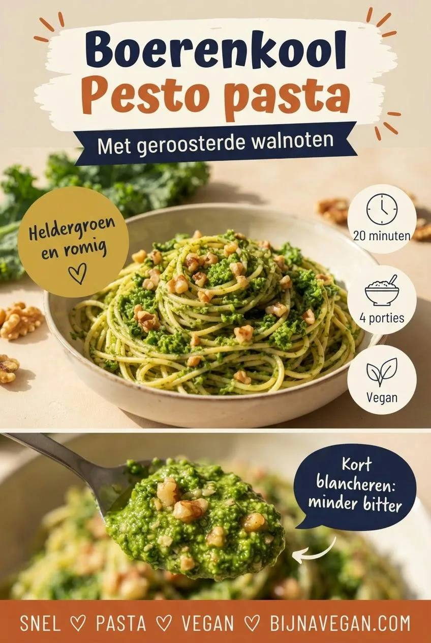 Pinterest-pin voor boerenkoolpesto pasta met geroosterde walnoten, met een bord spaghetti met heldergroene pesto, badges voor 20 minuten, 4 porties en vegan, en een close-up van pesto