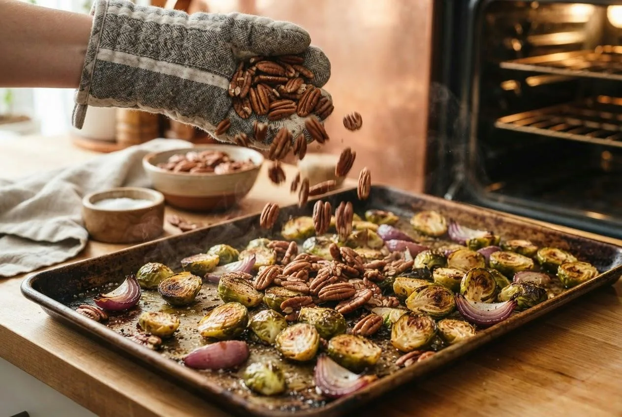 Pecannoten worden over de bakplaat met geroosterde spruitjes en rode ui gestrooid
