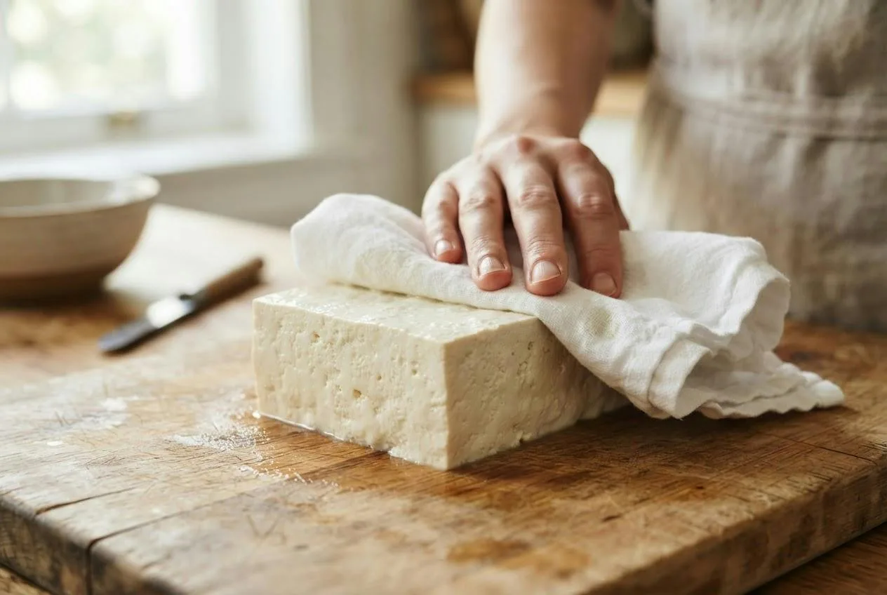 Handen deppen een blok verse stevige tofu droog met een theedoek op een houten snijplank
