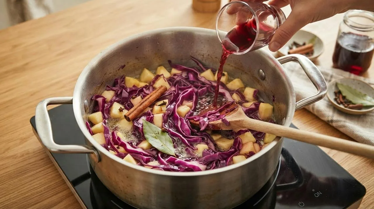 Rvs-pan op een inductieplaat met dun gesneden rode kool en appelblokjes in gesmolten vegan boter, terwijl er rodewijnazijn bij wordt geschonken, met kaneelstokje, kruidnagels en laurier