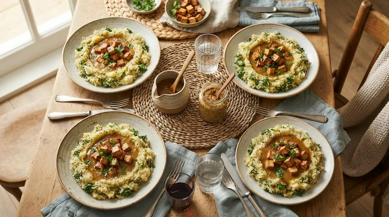 Vier borden vegan zuurkoolstamppot met een kuiltje mosterdjus en krokante gerookte tofu op een gedekte tafel, met een kannetje extra jus en een potje mosterd
