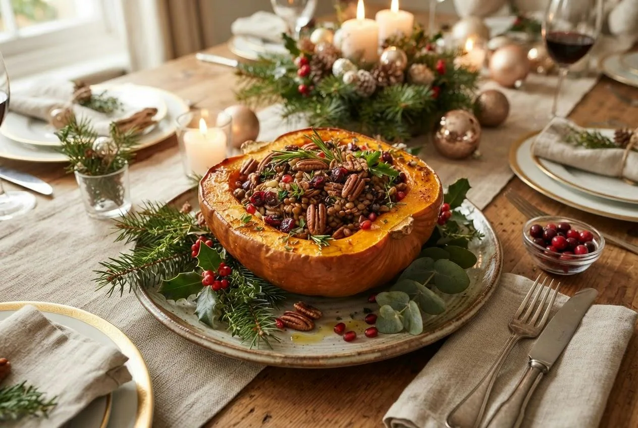 Gehalveerde geroosterde pompoen gevuld met linzen, cranberry's en pecannoten op een feestelijke schaal