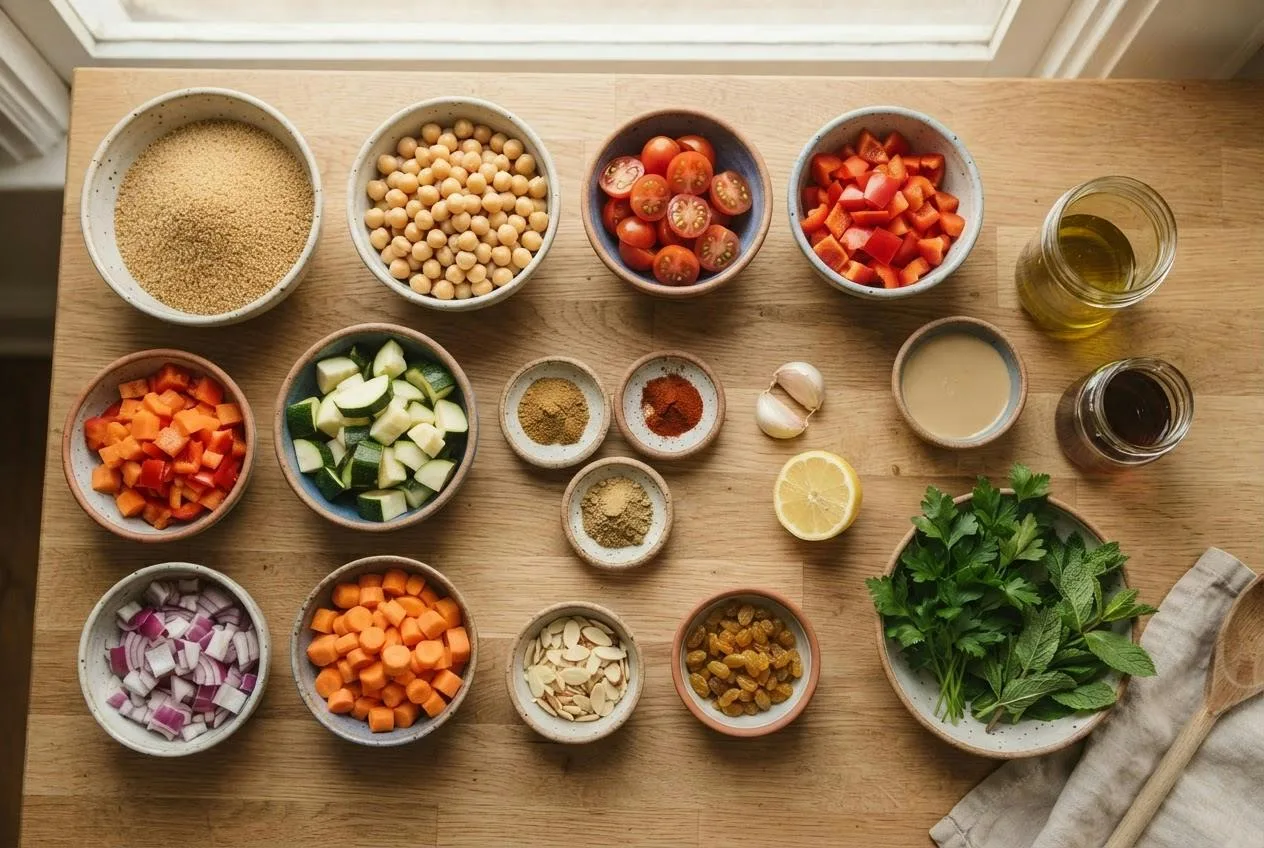 Ingrediënten voor couscous met geroosterde groenten en kikkererwten in schaaltjes op een houten ondergrond