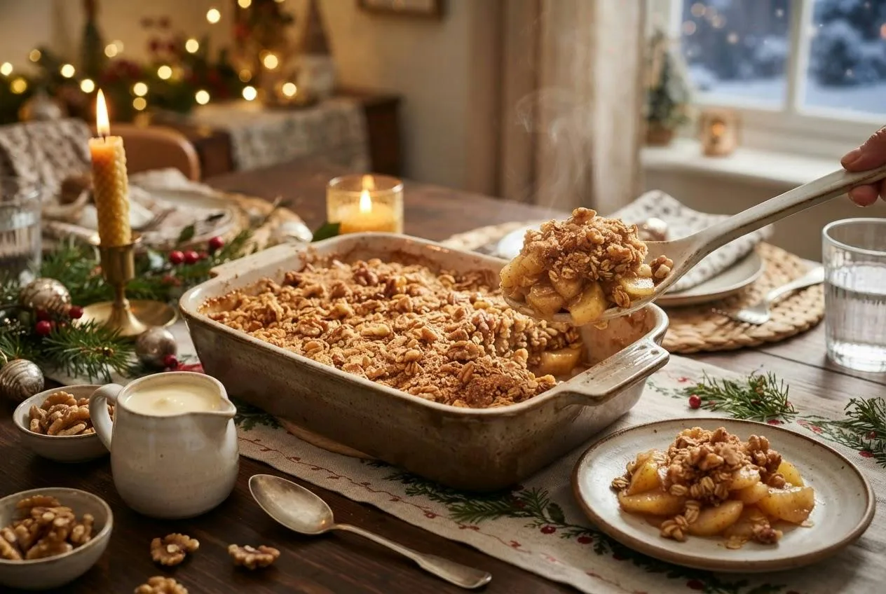 Ovenschaal met appelcrumble met een krokante topping van havermout en walnoten, naast een kannetje vla
