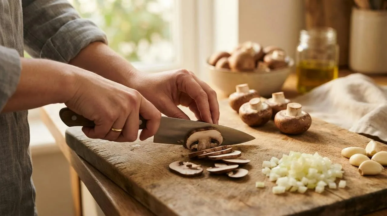 Handen snijden kastanjechampignons in plakjes op een houten snijplank, met gesnipperde ui en knoflook ernaast
