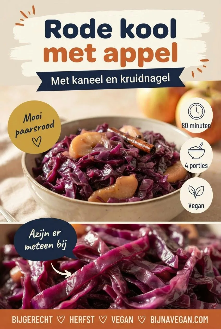 Pinterest-pin voor rode kool met appel, met een schaal glanzende paarsrode kool, badges voor 80 minuten, 4 porties en vegan, en een close-up van zachte koolreepjes