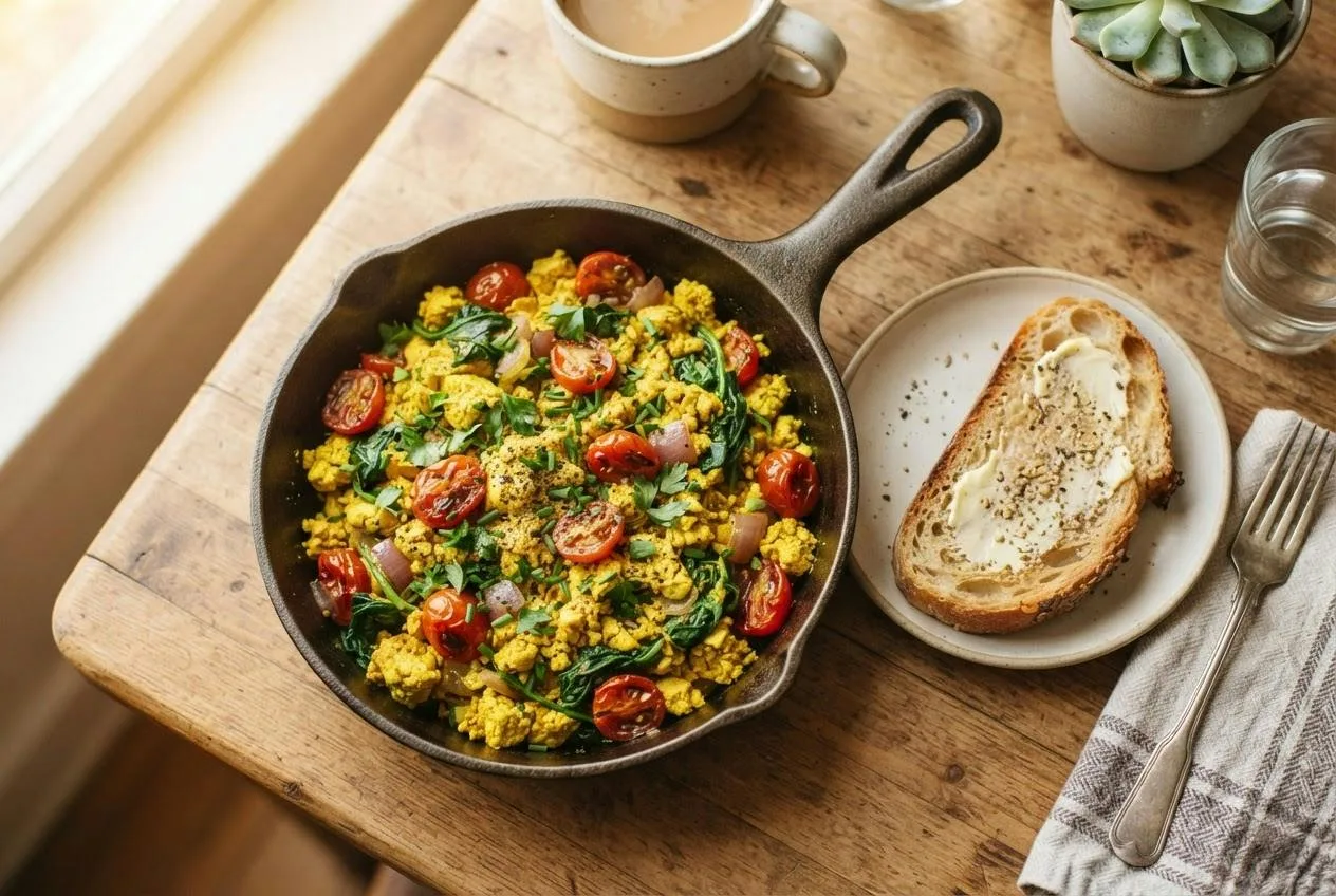 Vegan tofu scramble met kurkuma, spinazie en cherrytomaatjes in een gietijzeren pan naast een toast