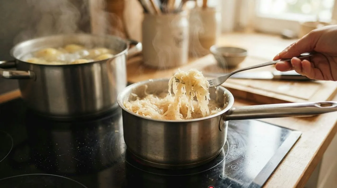 Steelpan op een inductieplaat waarin zuurkool met een vork wordt losgemaakt tijdens het verwarmen, met een pan kokende aardappelen op de achtergrond