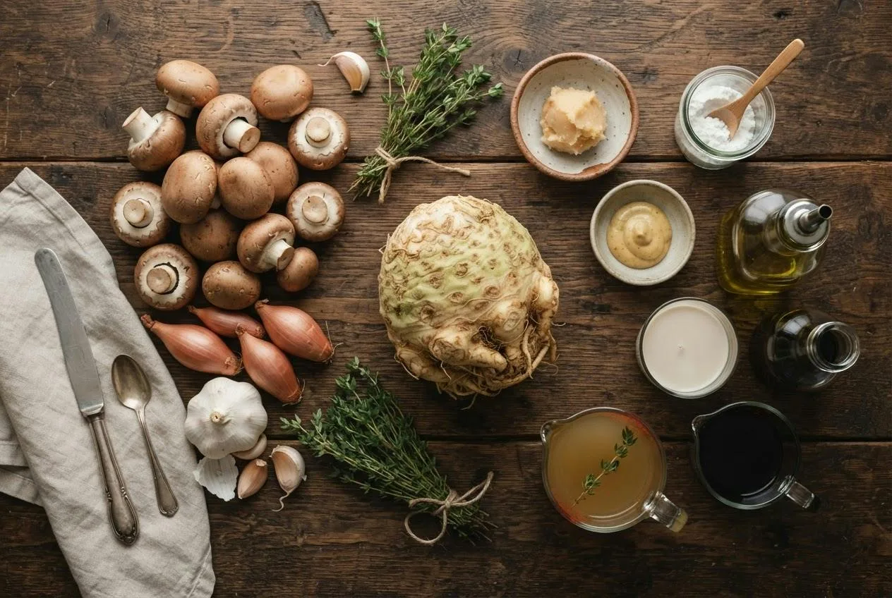 Ingrediënten voor geroosterde knolselderij met paddenstoelensaus: hele knolselderij, champignons, sjalotten, knoflook, tijm, witte miso, mosterd en haverroom