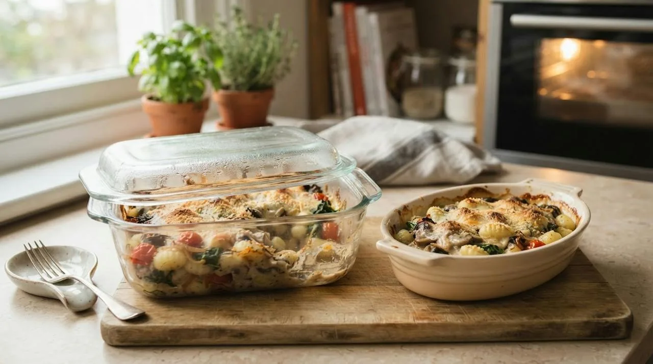 Glazen bakje met restjes vegan gnocchi ovenschotel naast een klein ovenschaaltje dat wordt opgewarmd