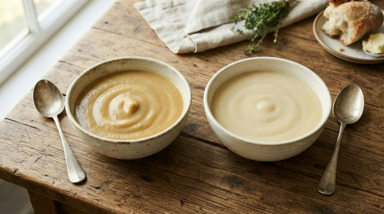 Twee kommen pastinaaksoep naast elkaar: links een donkerder, goudbeige soep met een gekaramelliseerde kleur, rechts een lichtere, crèmekleurige en zijdezachte soep