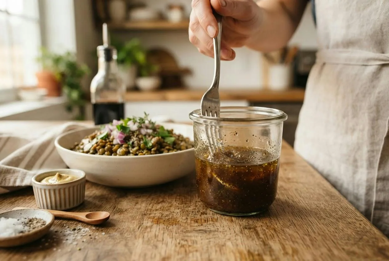 Pot met balsamico-ahornsiroopdressing naast een kom glanzende groene linzen