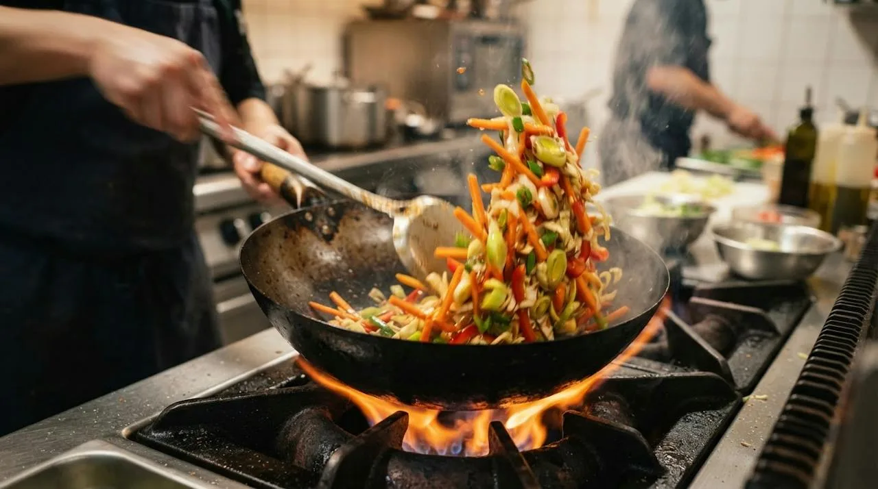 Groenten worden geroerbakt in een grote zwarte koolstofstalen wok op hoog vuur: wortel, prei, rode paprika en witte kool