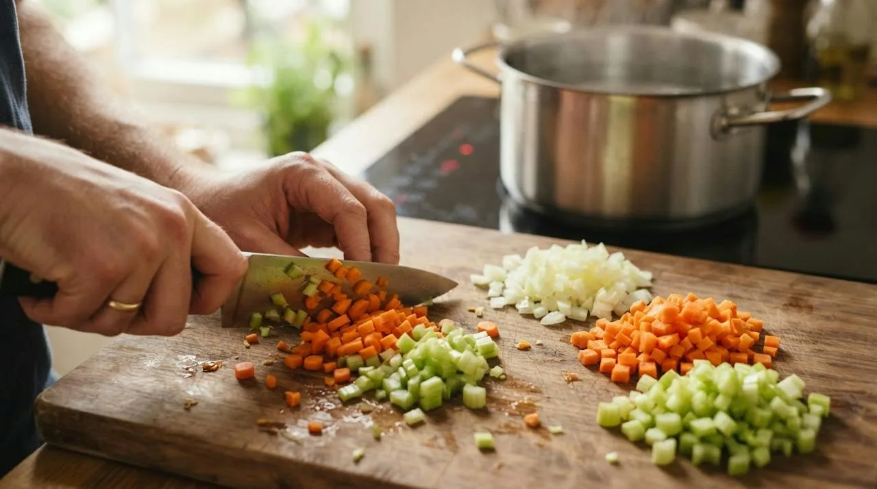 Handen snijden wortel en bleekselderij in kleine blokjes op een houten snijplank, met hoopjes gesneden ui, wortel en selderij en een pan water op een inductieplaat op de achtergrond