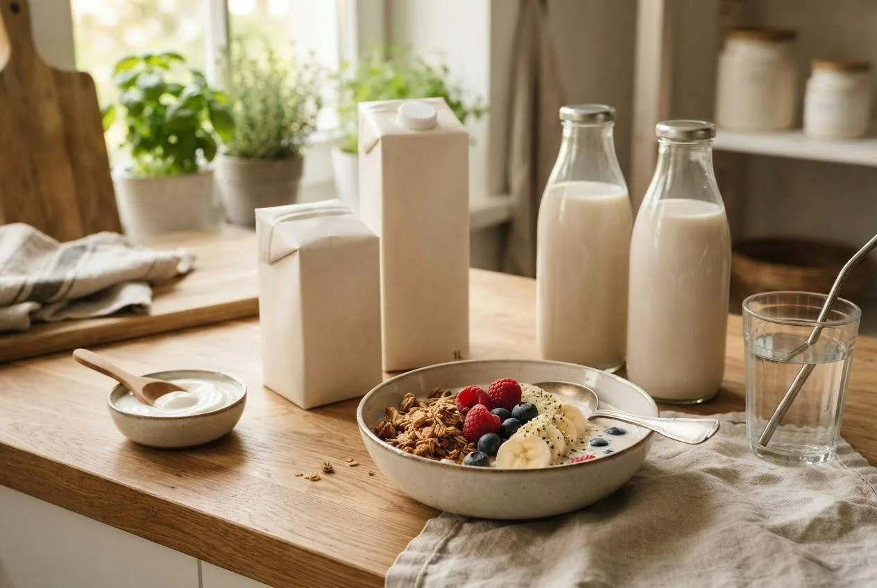 Kartonnen pakken en glazen flessen plantaardige melk zonder etiket, een kom plantaardige yoghurt en ontbijtgranen op het aanrecht
