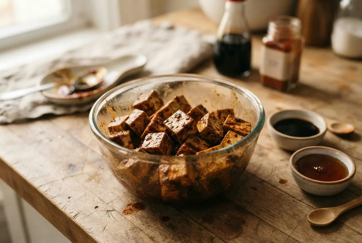 Rauwe tofublokjes in een glanzende marinade van soja en gerookte paprika in een glazen kom