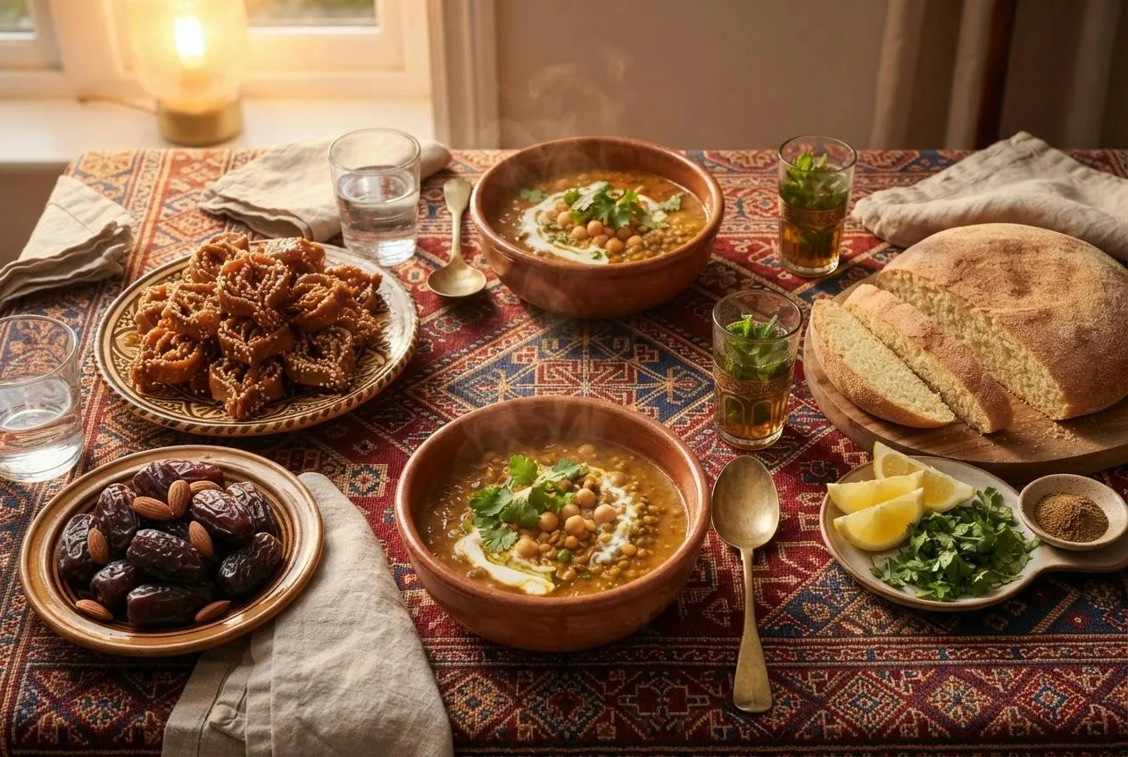 Iftartafel met twee kommen harira, dadels, chebakia, brood en citroen