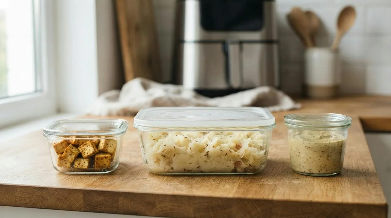 Restjes apart bewaard op een aanrecht: een afgesloten glazen bak met zuurkoolstamppot, een klein bakje gerookte tofu en een glazen potje mosterdjus, met een airfryer op de achtergrond