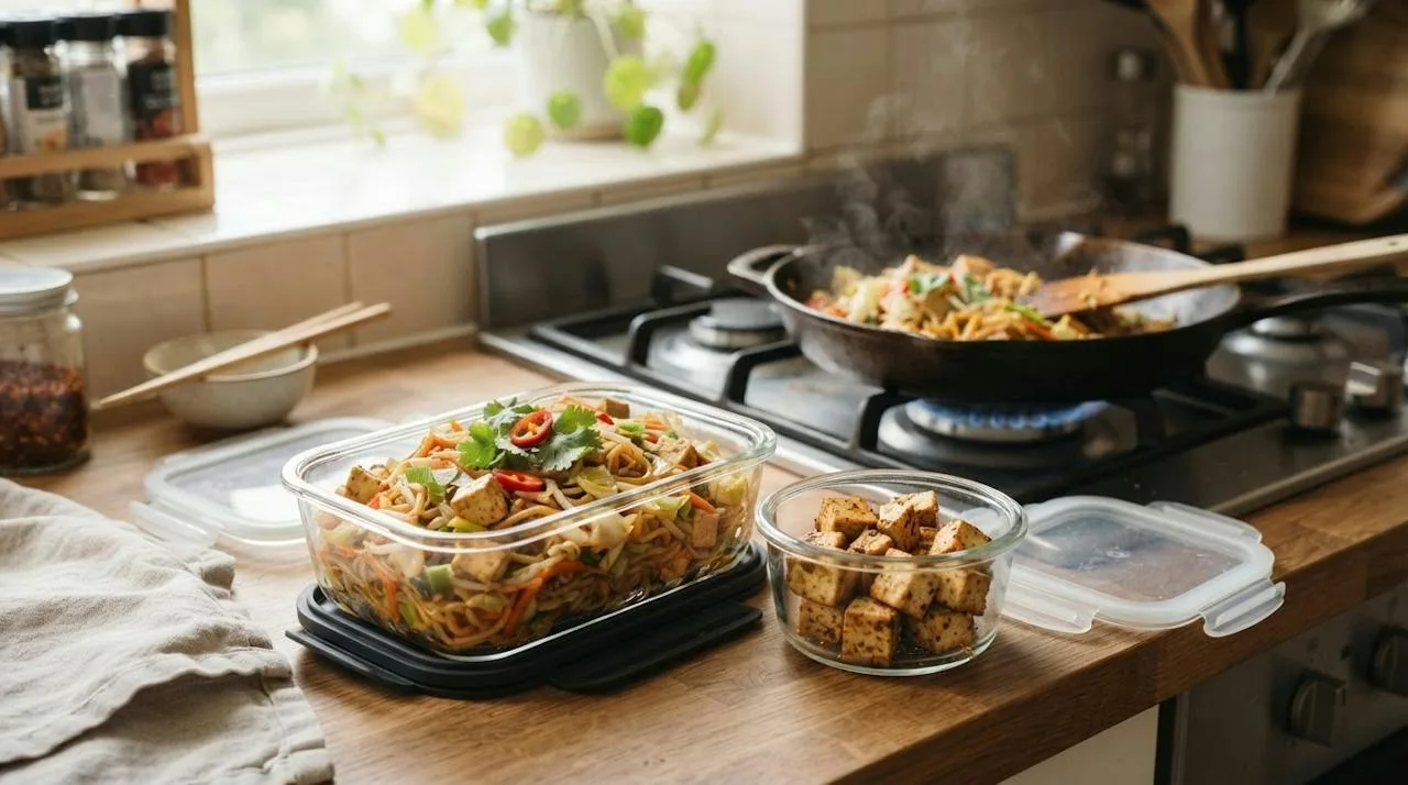 Glazen bakje met restje vegan bami goreng naast een apart bakje tofublokjes, en een koekenpan op het fornuis waarin een portie wordt opgewarmd
