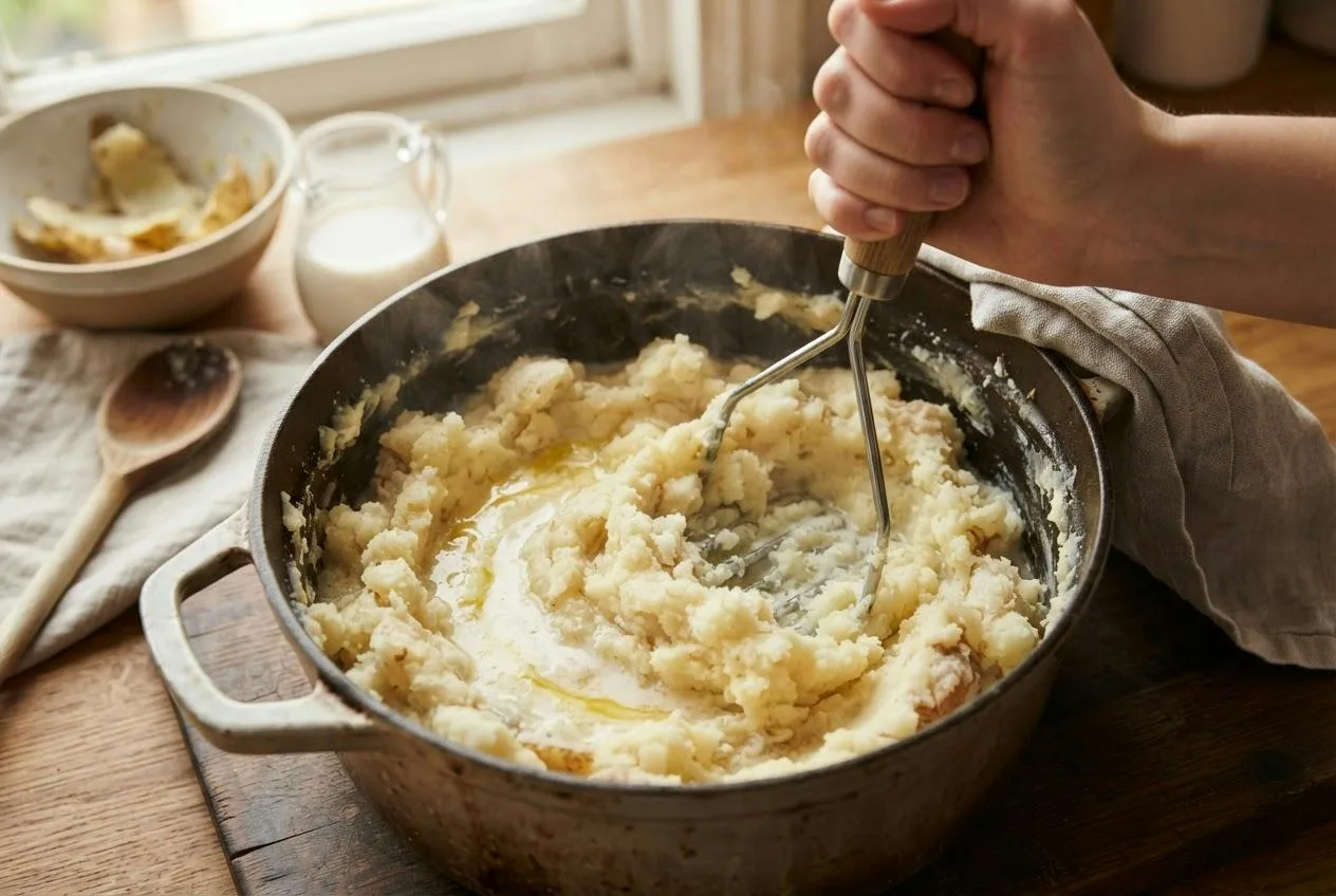 Gekookte aardappels worden met een stamper fijngestampt met plantaardige boter en havermelk