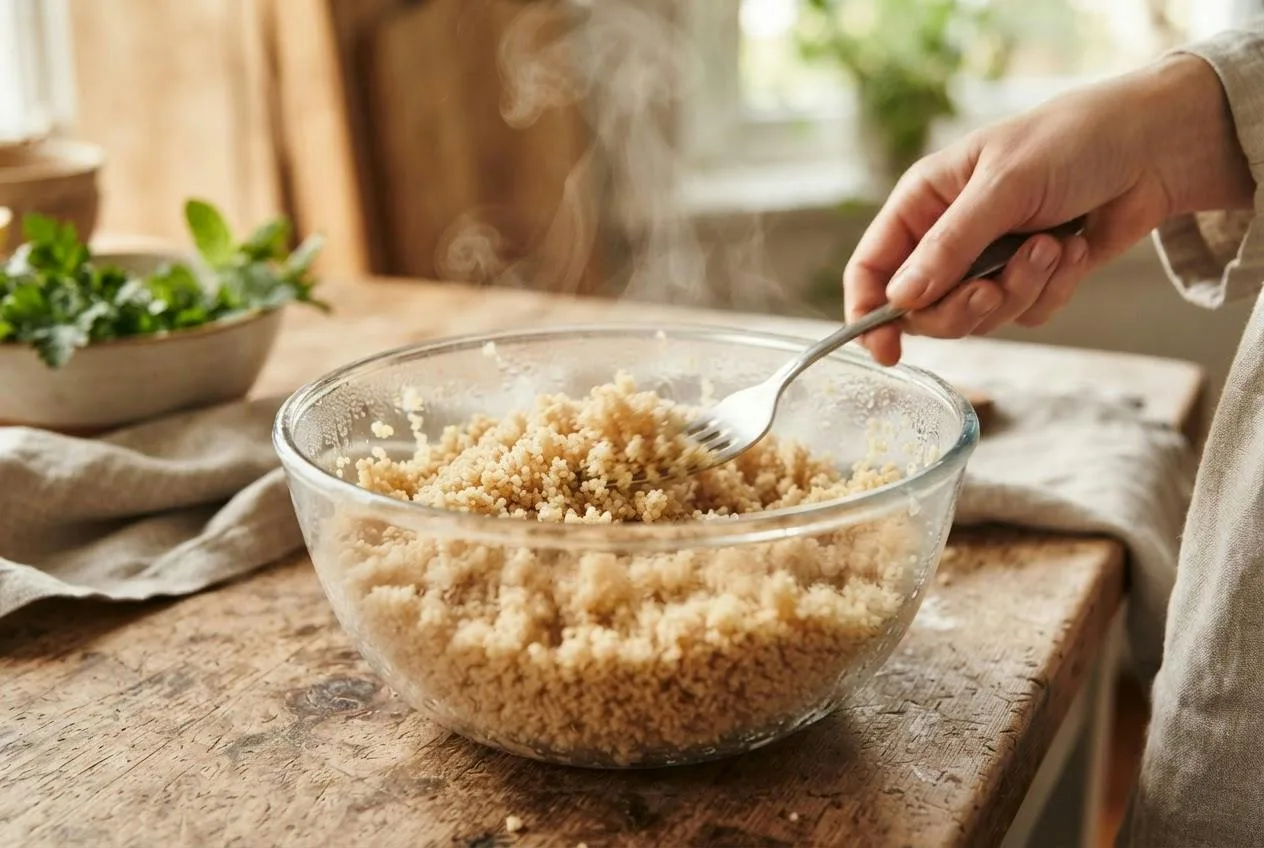 Volkoren couscous wordt met een vork losgemaakt in een glazen kom