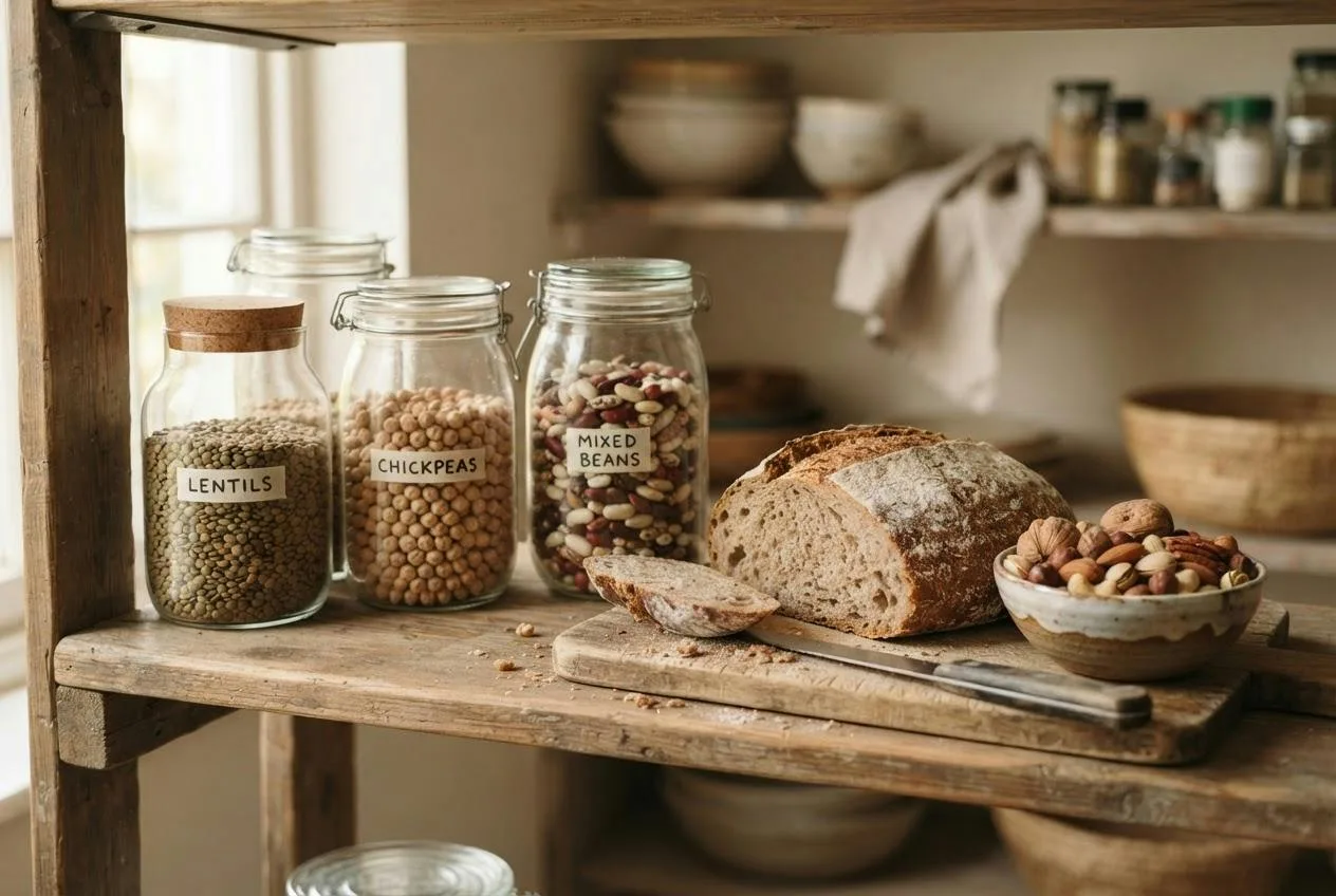 Glazen potten met linzen, kikkererwten en bonen naast volkorenbrood en een kom noten