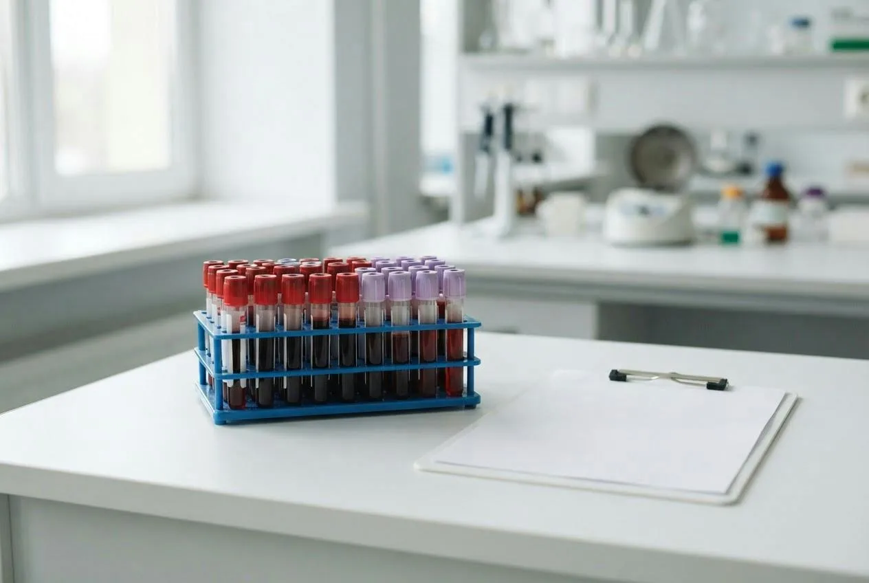 Rekje met bloedbuisjes en een leeg klembord op een wit laboratoriumbureau