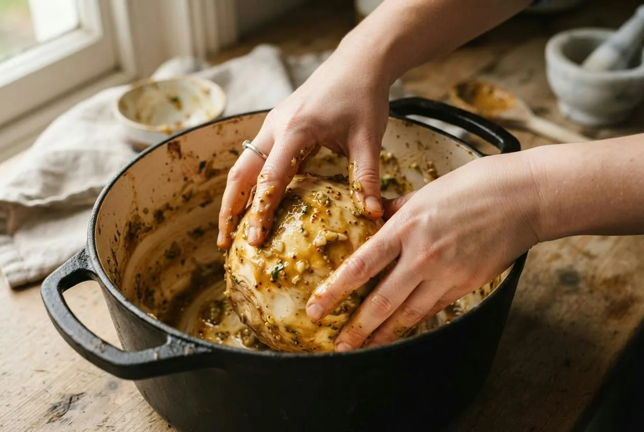 Geschilde knolselderij wordt ingewreven met een glanzende pasta van miso, mosterd, knoflook en olijfolie in een gietijzeren braadpan