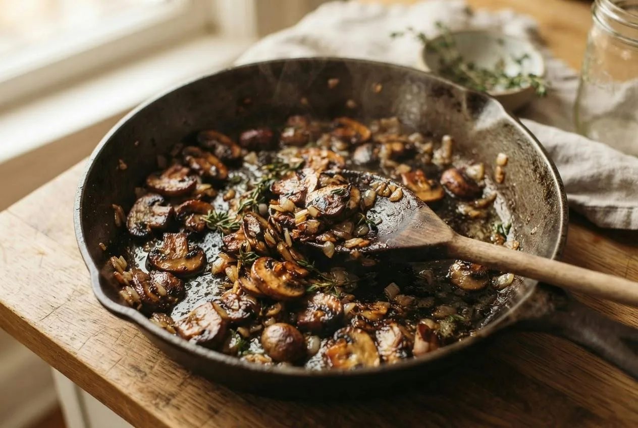 Gesneden champignons worden goudbruin gebakken met sjalot en verse tijm