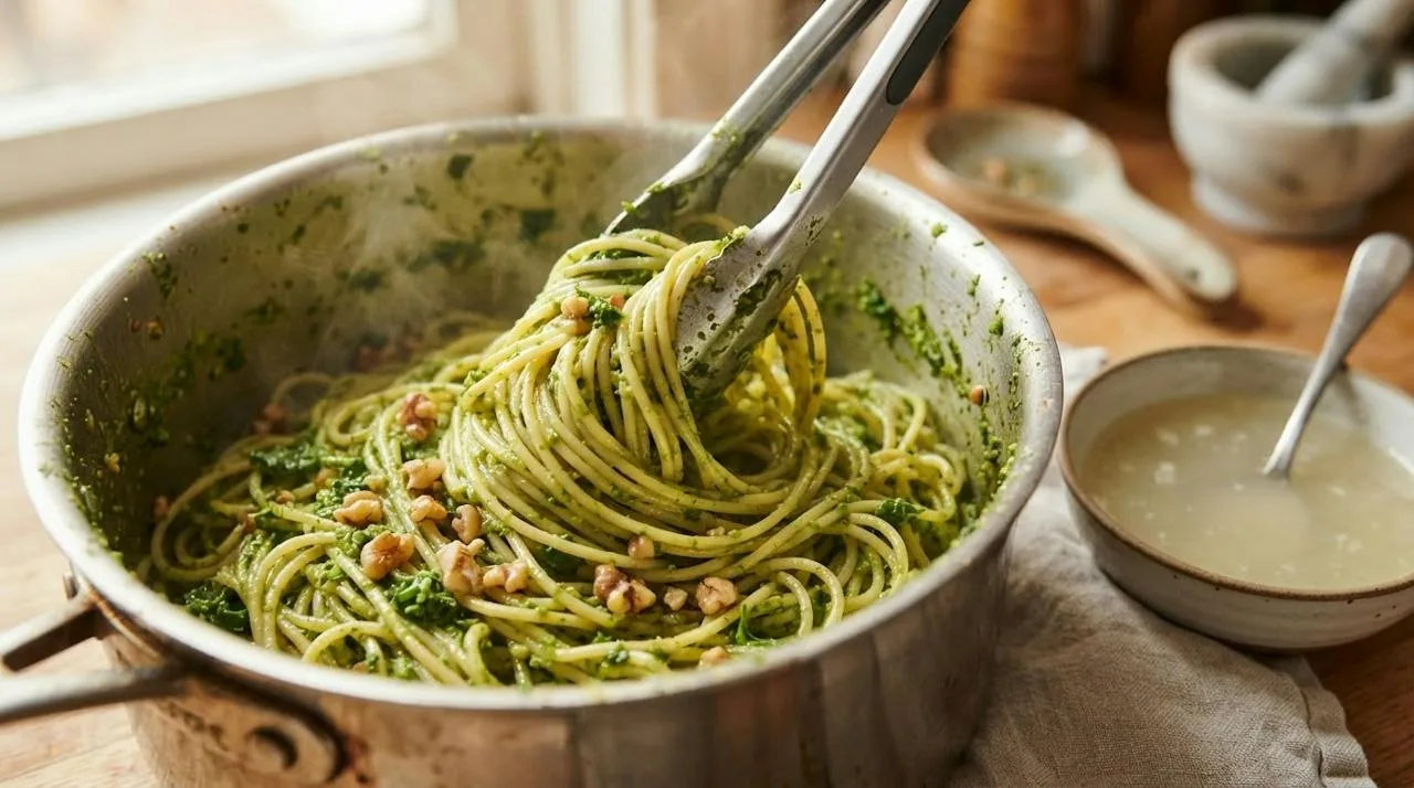 Close-up van spaghetti die met een tang wordt omgeschept in een pan, elke sliert glanzend bedekt met heldergroene boerenkoolpesto, met een kommetje pastawater ernaast