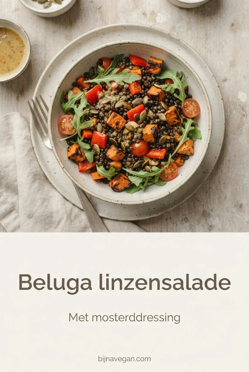 Pinterest-pin: kom beluga linzensalade met geroosterde groenten van bovenaf, met de tekst Beluga linzensalade, met mosterddressing, bijnavegan.com