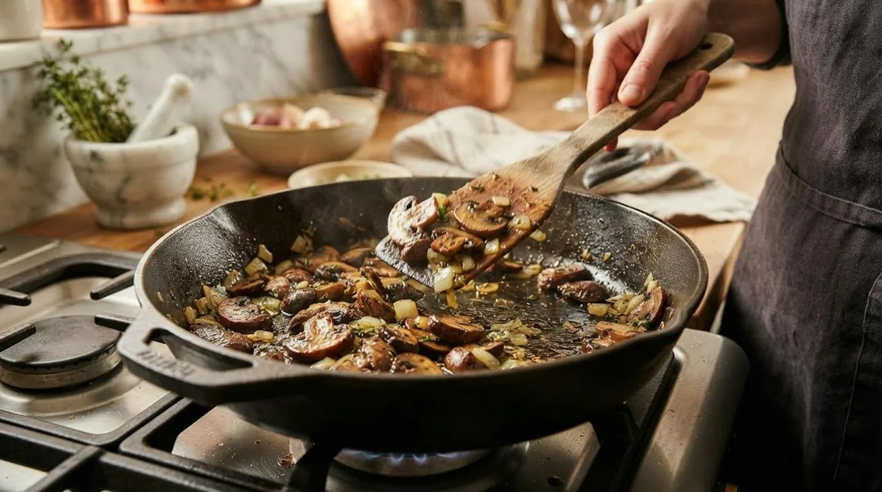 Plakjes kastanjechampignon en ui worden gebakken in een grote koekenpan met olijfolie, het vocht is verdampt en de champignons zijn gebruind