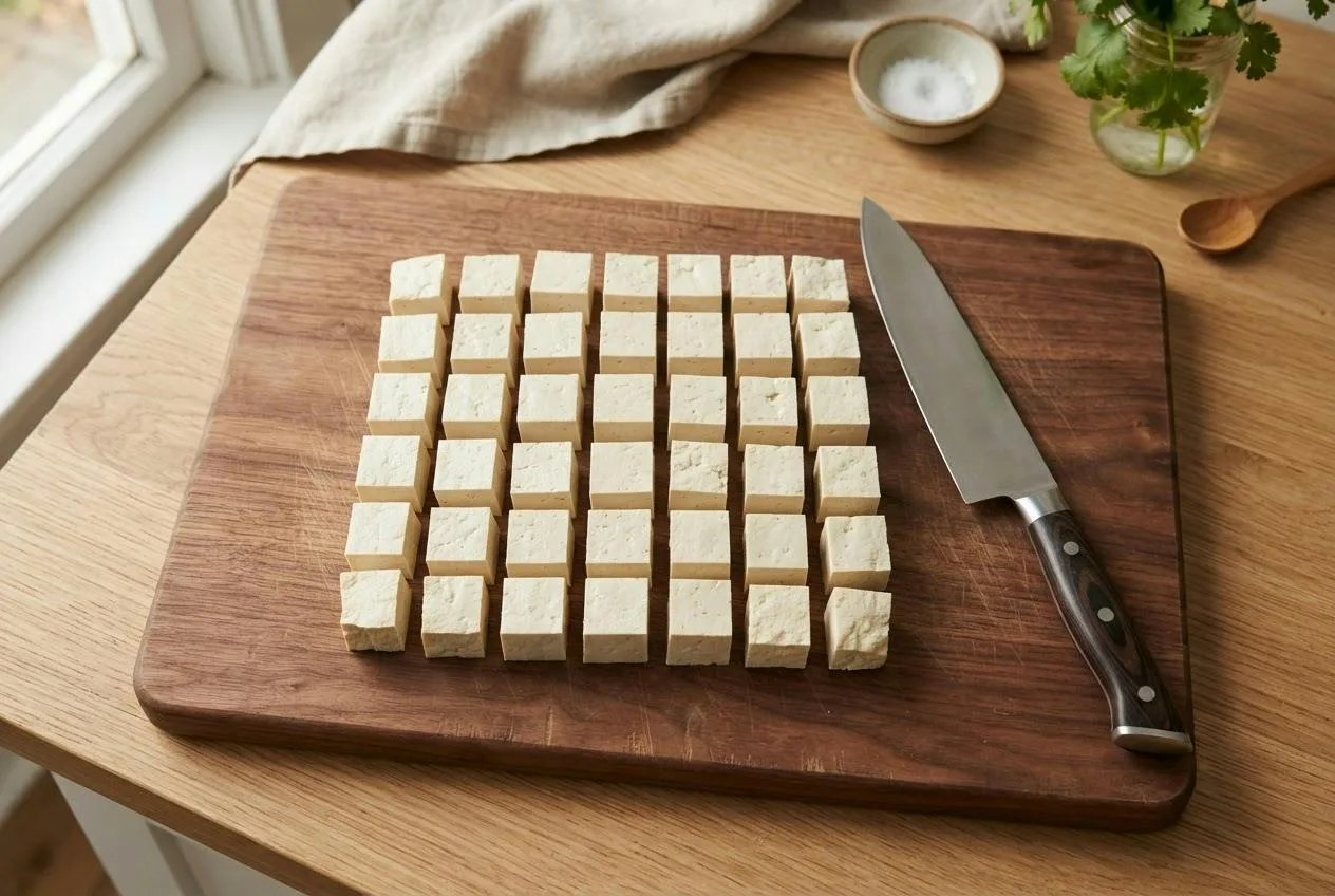 Stevige tofu in nette blokjes van 2 cm op een houten snijplank met een koksmes