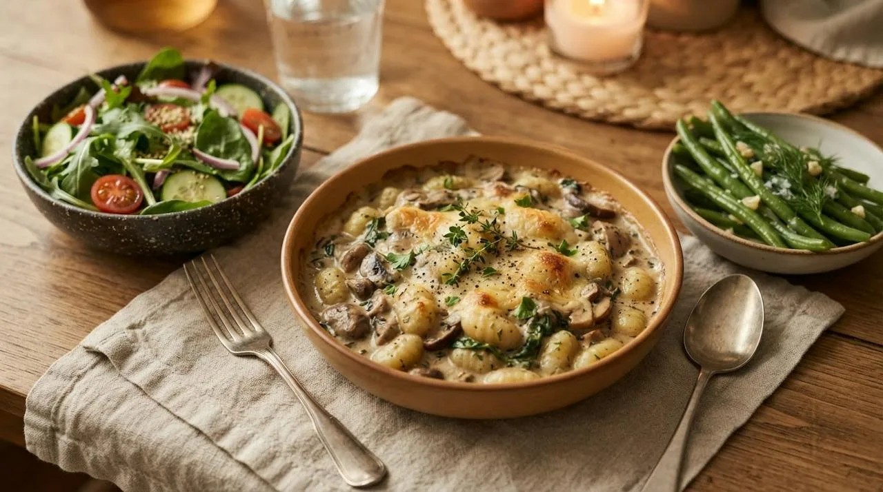 Bord met een portie vegan gnocchi ovenschotel met champignonsaus, met een groene salade en gestoomde sperziebonen ernaast