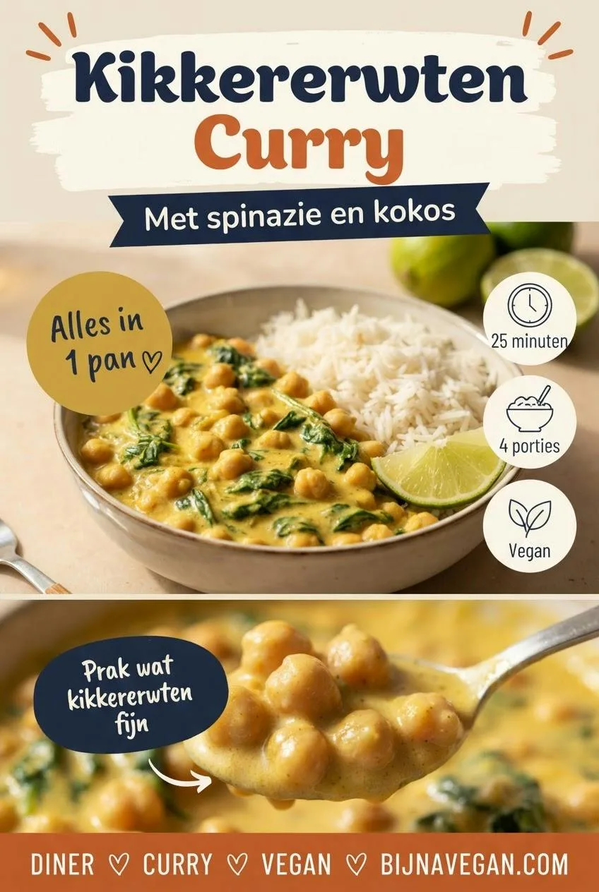 Pinterest-pin voor kikkererwtencurry met spinazie en kokosmelk, met een kom curry en rijst, badges voor 25 minuten, 4 porties en vegan, en een close-up van romige saus aan kikkererwten