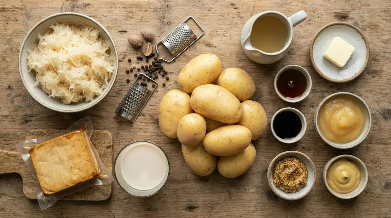 Ingrediënten voor vegan zuurkoolstamppot op een houten ondergrond: kruimige aardappelen, zuurkool, gerookte tofu, sojamelk, vegan boter, appelmoes, grove en gladde mosterd, bouillon, appelstroop, sojasaus, nootmuskaat en peper