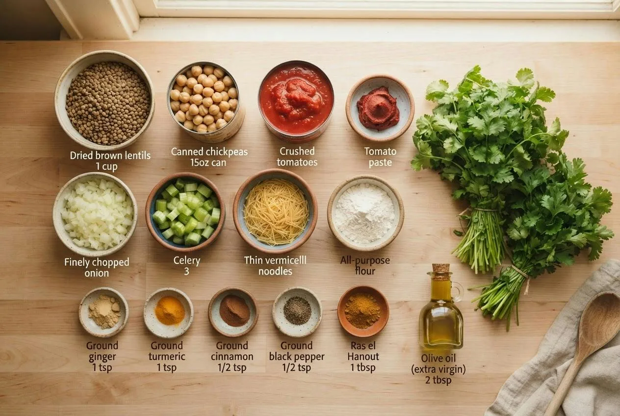 Ingrediënten voor vegan harira in schaaltjes: linzen, kikkererwten, tomaat, selderij, koriander, peterselie, vermicelli en specerijen