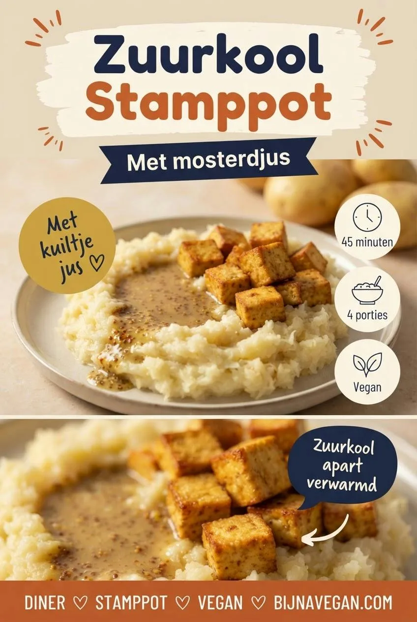 Pinterest-pin voor vegan zuurkoolstamppot met mosterdjus, met een bord stamppot en een kuiltje jus, badges voor 45 minuten, 4 porties en vegan, en een close-up van krokante gerookte tofu