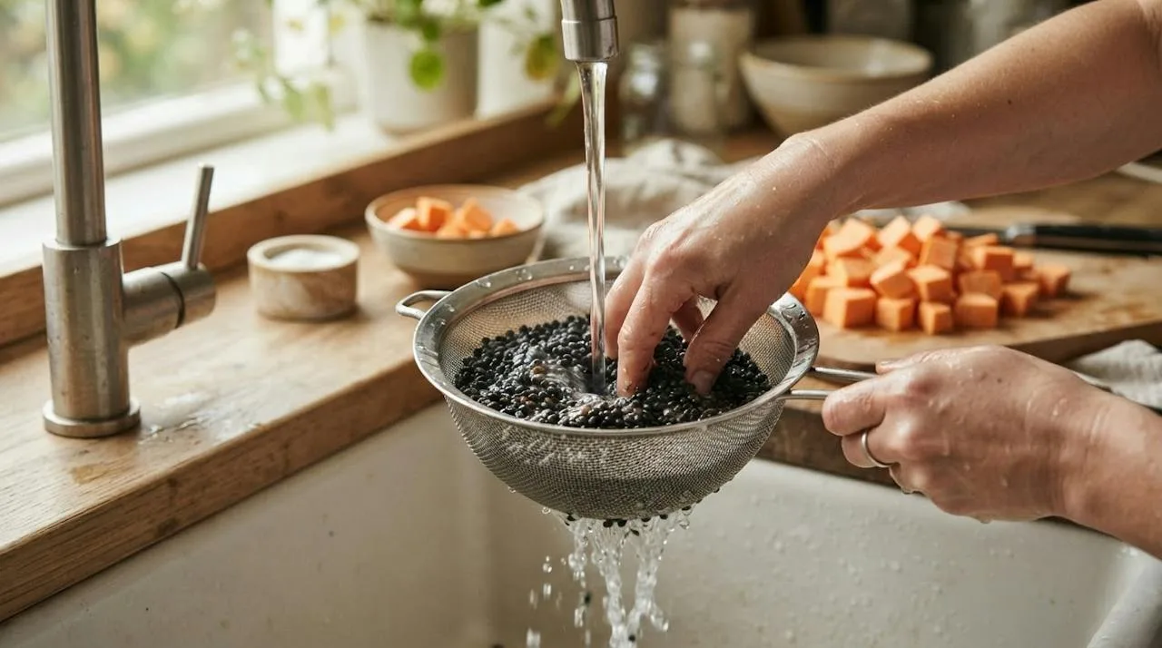 Handen spoelen gedroogde belugalinzen in een metalen zeef onder de kraan, met gesneden zoete aardappel op de achtergrond