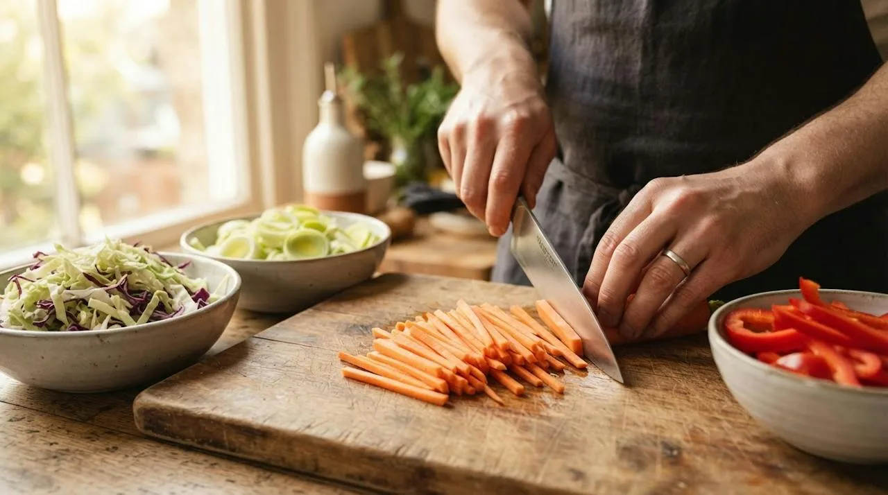 Handen snijden wortel in dunne reepjes op een houten snijplank, met kommen gesneden kool, prei en paprika eromheen