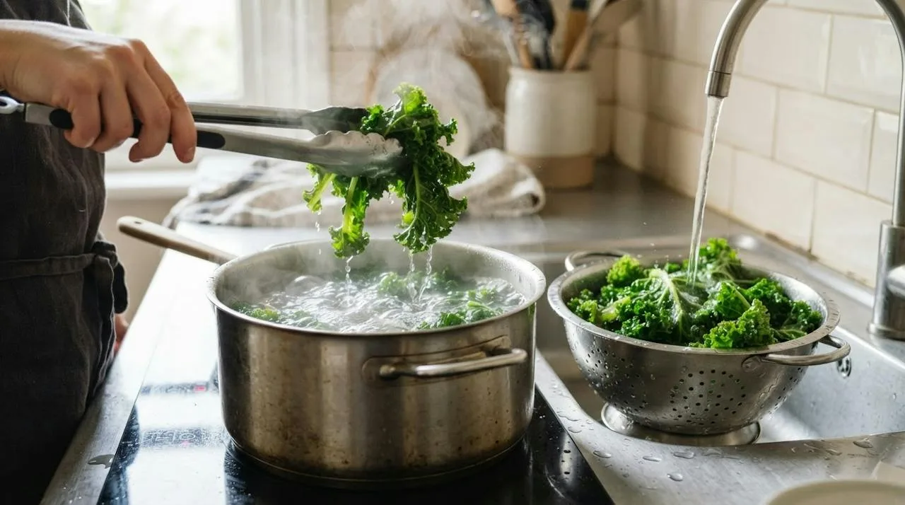 Een tang tilt heldergroene geblancheerde boerenkool uit een pan kokend water op een inductieplaat, met een vergiet boerenkool onder de koude kraan ernaast