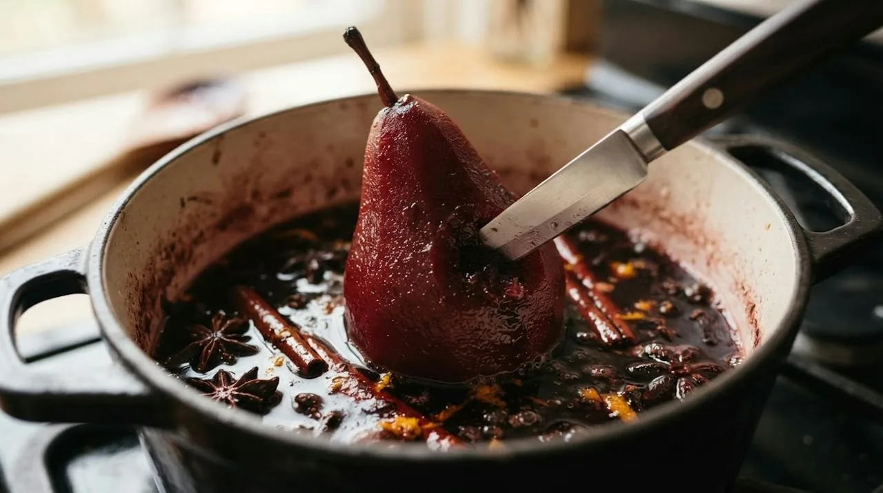 Dun mesje dat in het dikste deel van een dieprode, gestoofde peer in de pan wordt geprikt, terwijl de peer zijn vorm houdt