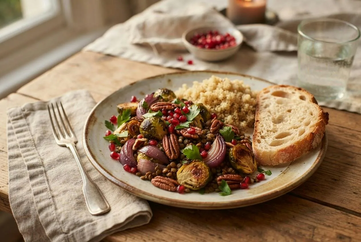 Bord spruitjes-traybake met linzen, rode ui, pecannoten en granaatappel, met quinoa en brood