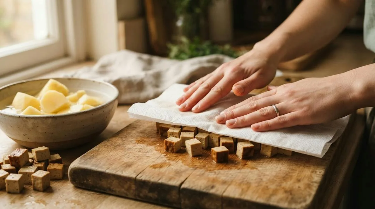 Handen deppen blokjes gerookte tofu droog met keukenpapier op een houten snijplank, naast een kom geschilde aardappelen in grote stukken