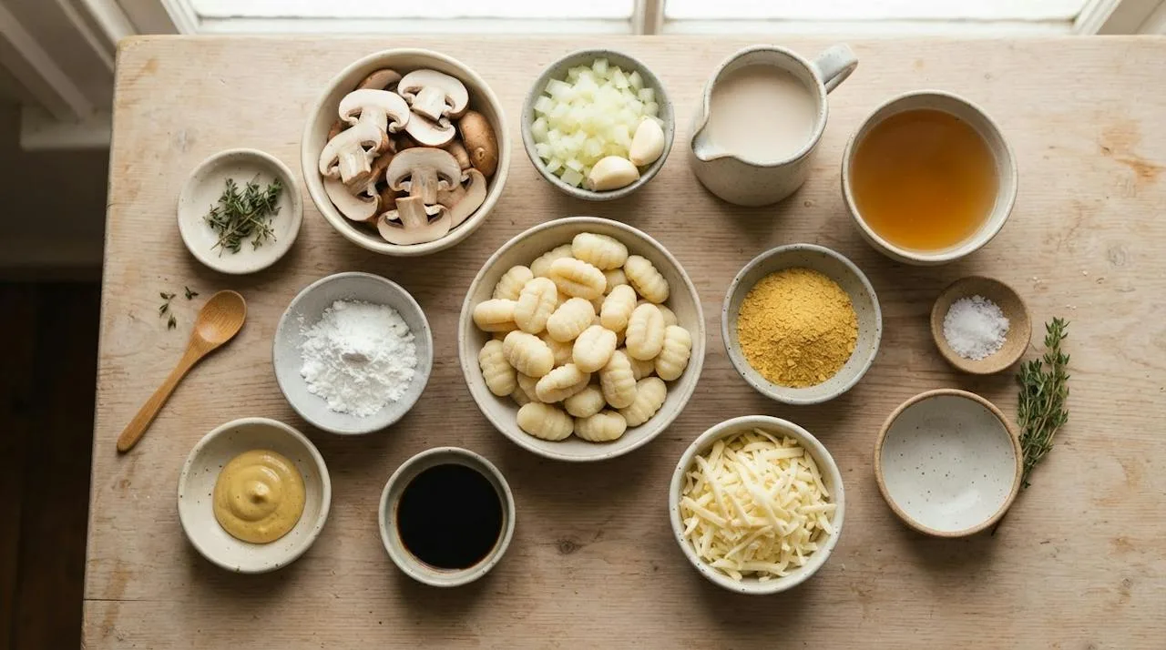 Ingrediënten voor vegan gnocchi ovenschotel in kommetjes: gnocchi, gesneden kastanjechampignons, ui, knoflook, haverroom, bouillon, maïzena, edelgistvlokken, mosterd, sojasaus, tijm en vegan geraspte kaas