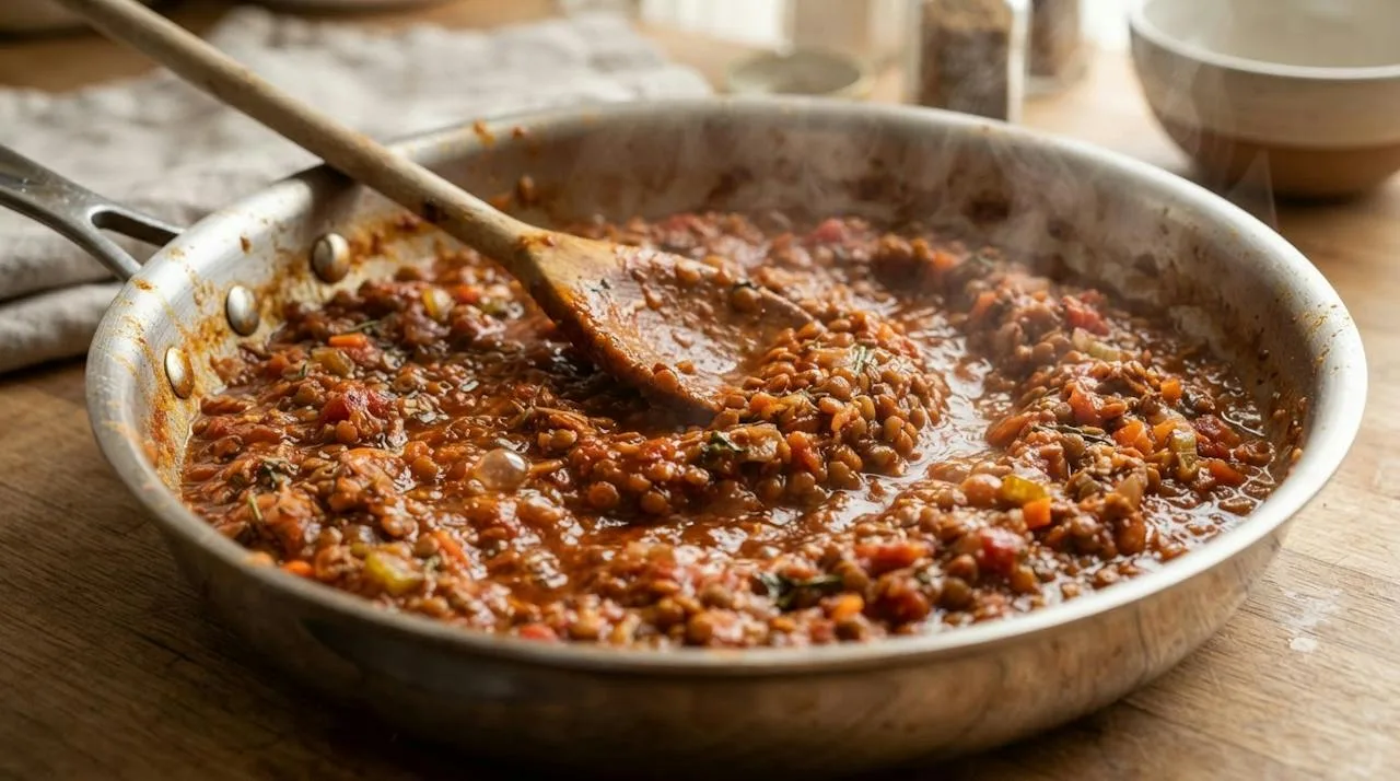 Close-up van dikke linzenbolognese in een rvs-pan, waar een houten lepel een spoor door trekt dat langzaam dichtloopt, met hele bruine linzen