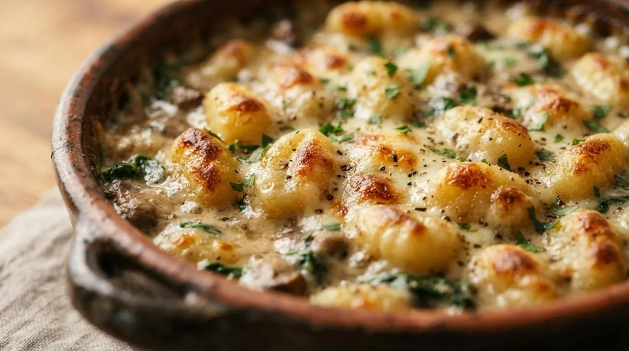 Close-up van de bovenkant van de ovenschotel: goudbruine gnocchi die uit een borrelende romige champignonsaus steken, met gesmolten vegan kaas