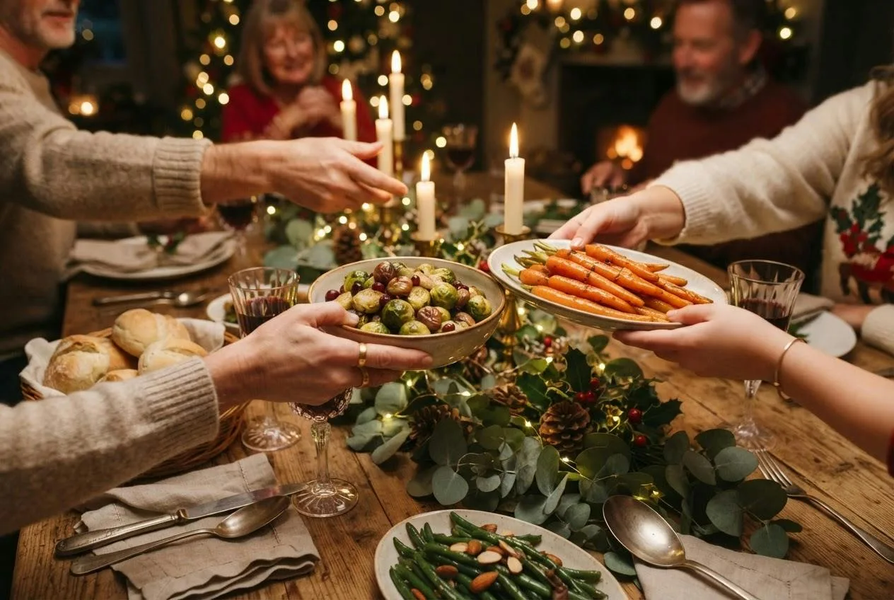 Handen geven schalen met groentegerechten door aan een feestelijke kersttafel